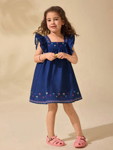 Young Girl Cute Summer Navy Blue Vacation Palm Tree Pattern Ruffled Hem Dress